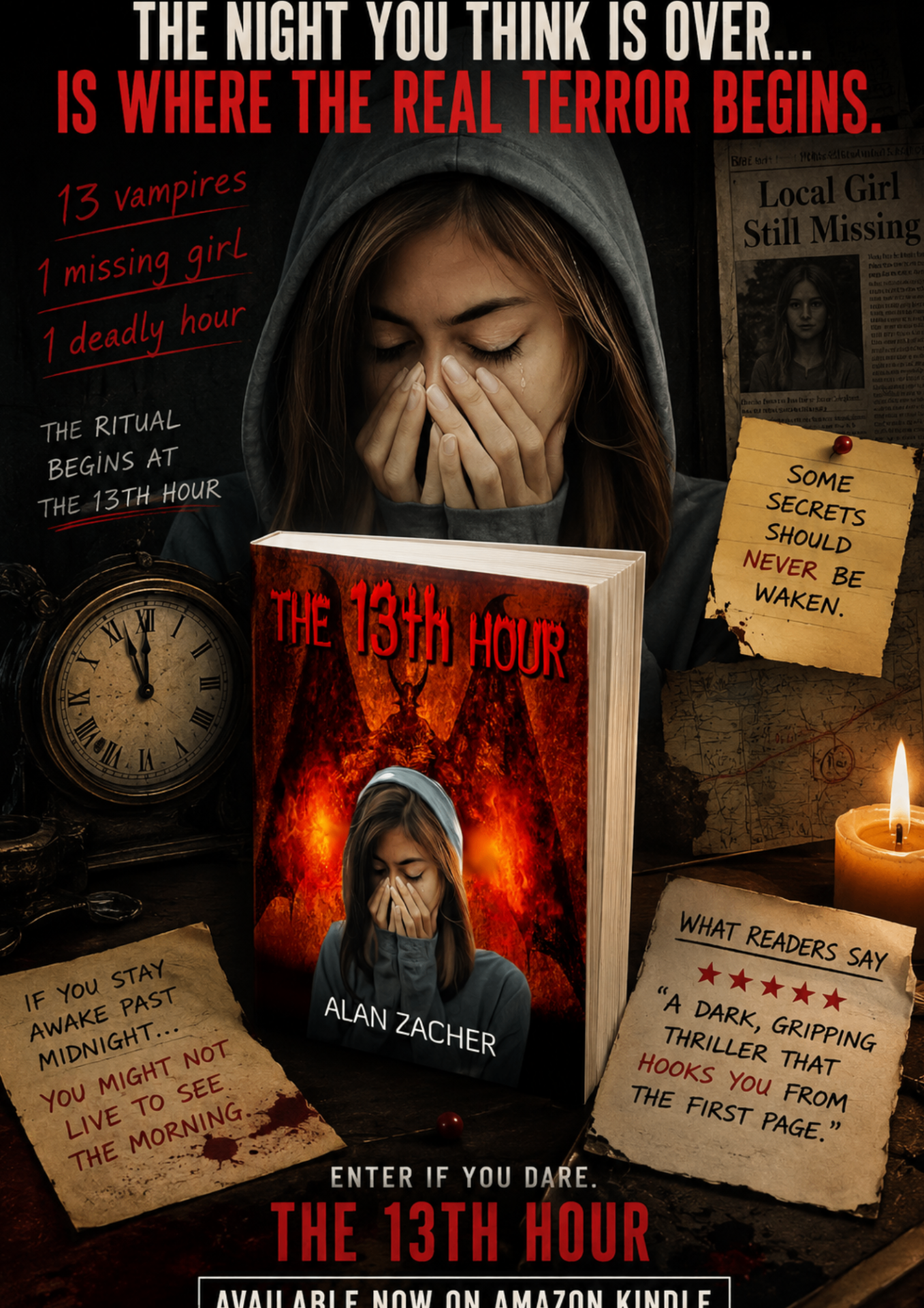 The 13th Hour by Alan Zacher — promotional poster: 13 vampires, 1 missing girl, 1 deadly hour.